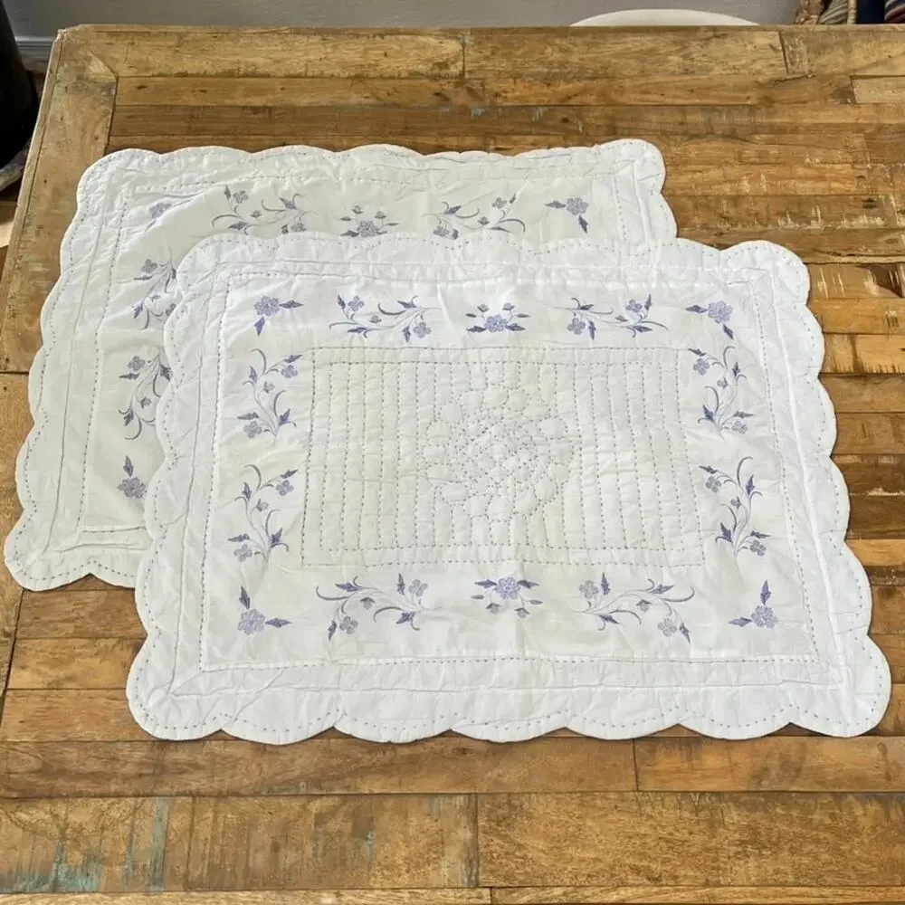 2 Quilted Pillow Sham Standard Size Purple Floral Embroidery Cottagecore